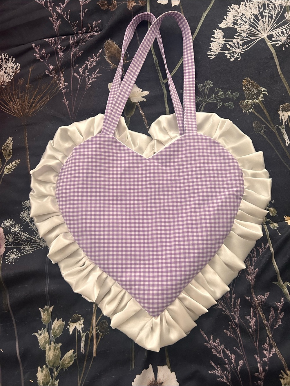 Handmade Lavender Gingham Heart Tote with Satin Cream Ruffle - Picture 6 of 6